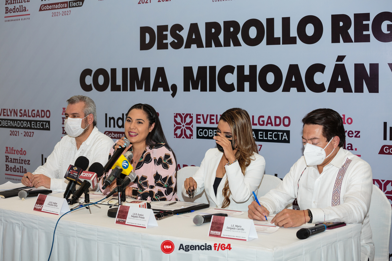 Indira Vizcaíno Silva Gobernadora electa del Estado de Colima, Evelyn Salgado Pineda Gobernadora electa del Estado de Guerrero, Alfredo Ramírez Bedolla Gobernador electo del Estado de Michoacán y Mario Delgado Presidente Nacional de MORENA.