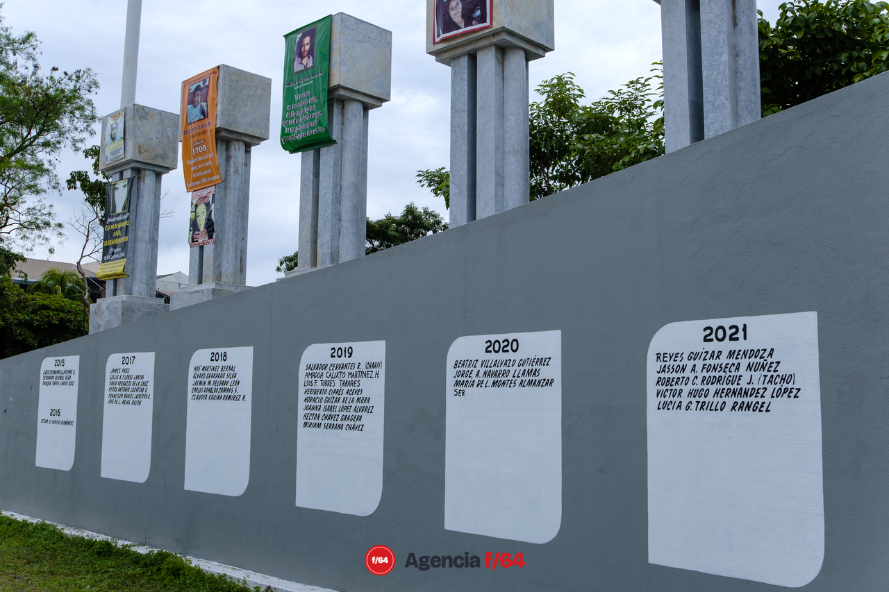 Pinta de nombres de desaparecidos y pinta de huellas de familiares.