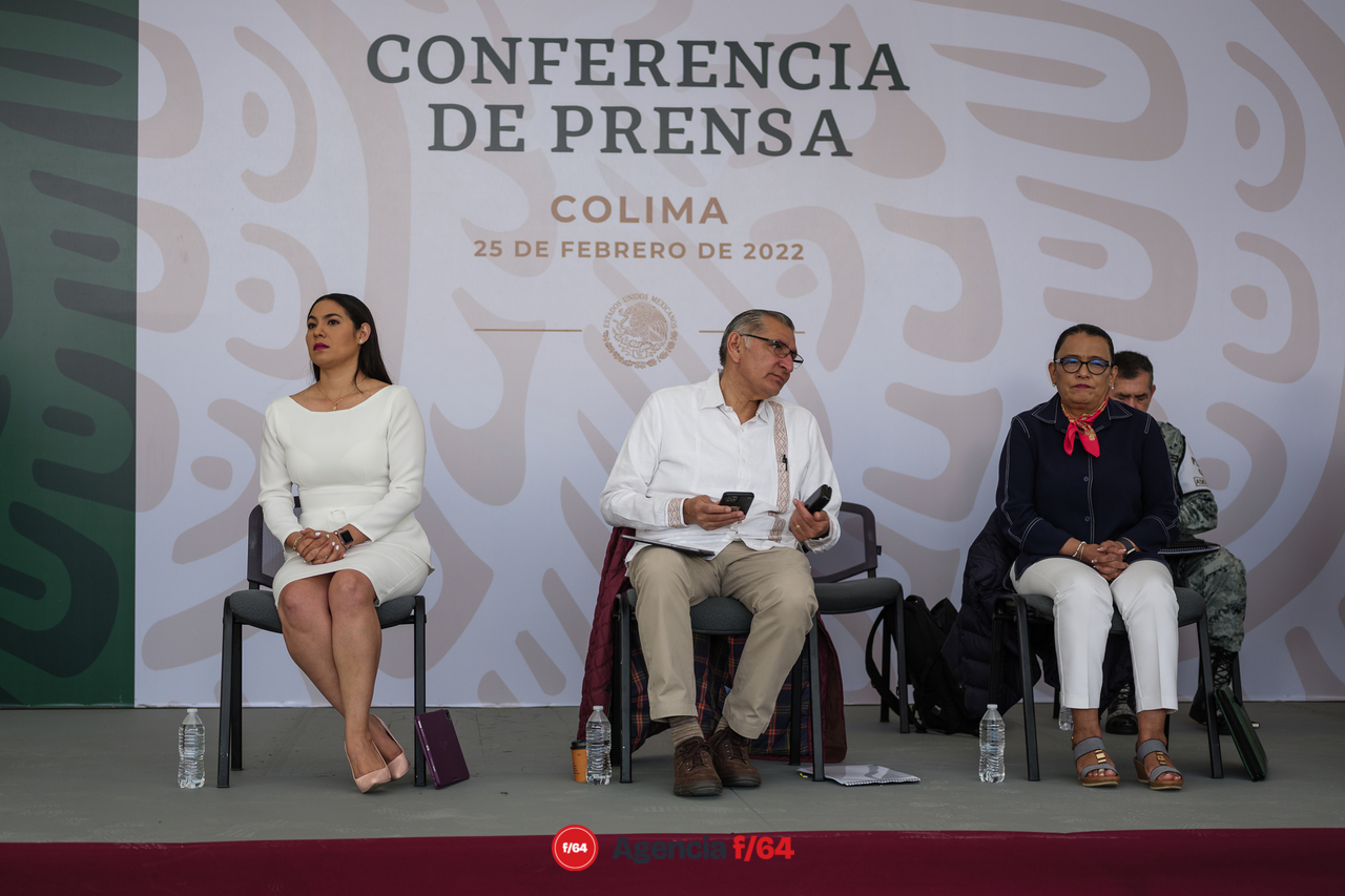 La Gobernadora de Colima, Indira Vizcaíno Silva, el Secretario de Gobernación, Adán Augusto López Hernández y la Secretaria de Seguridad Rosa Icela Rodríguez Velázquez.